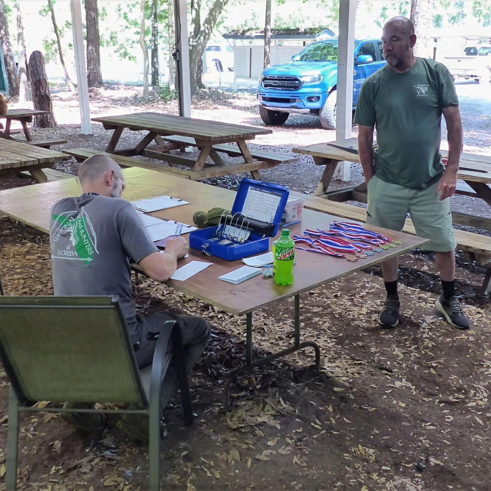 Outdoor meeting with two men at table
