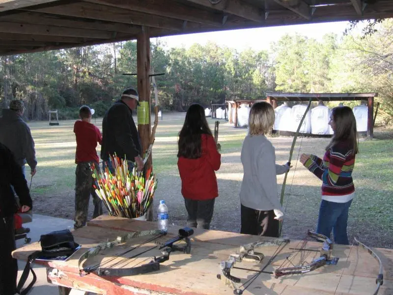 People practicing archery at a range.