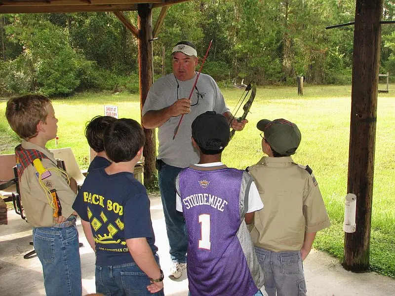 Instructor teaching archery to young boys