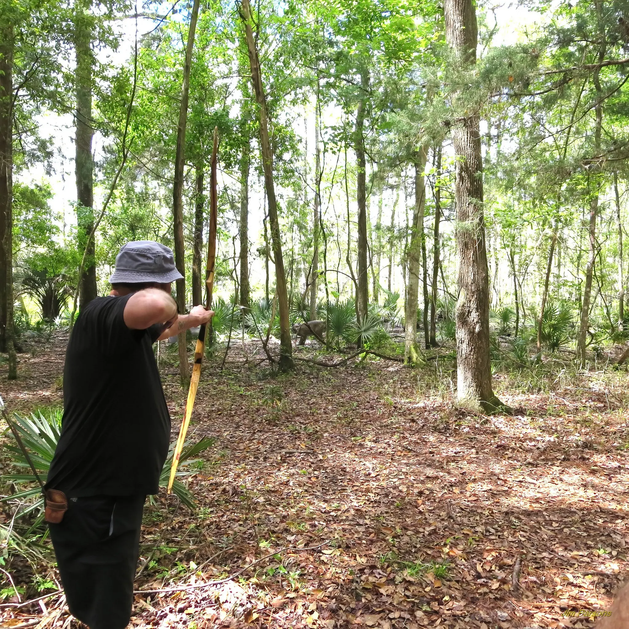 Man aiming bow in woodland